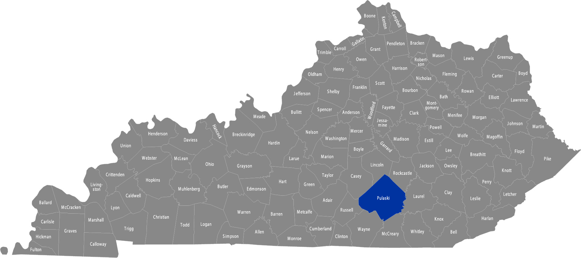 State of Kentucky map with Pulaski County highlighted 