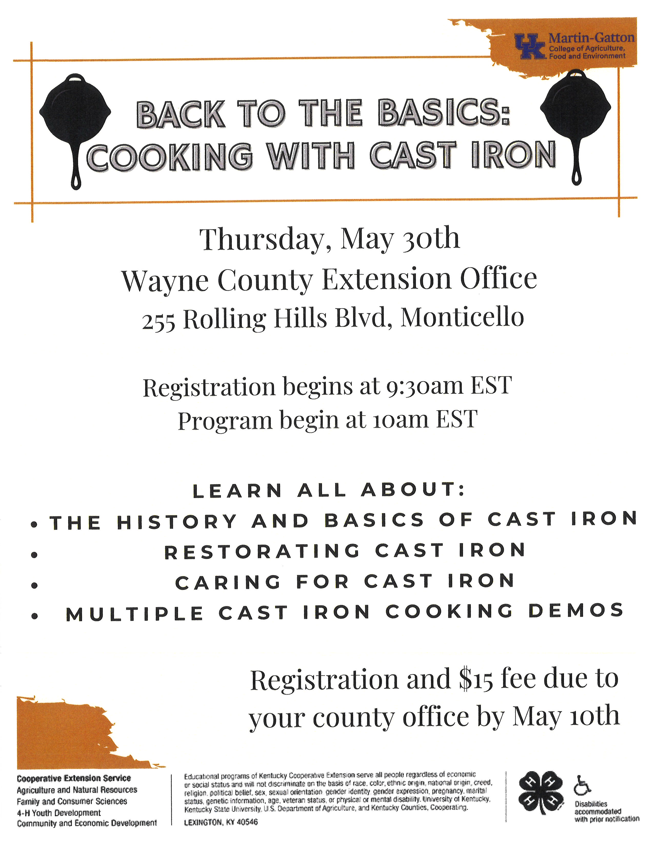 flyer for cooking with cast iron on may 30th call 606-679-6361 for more information