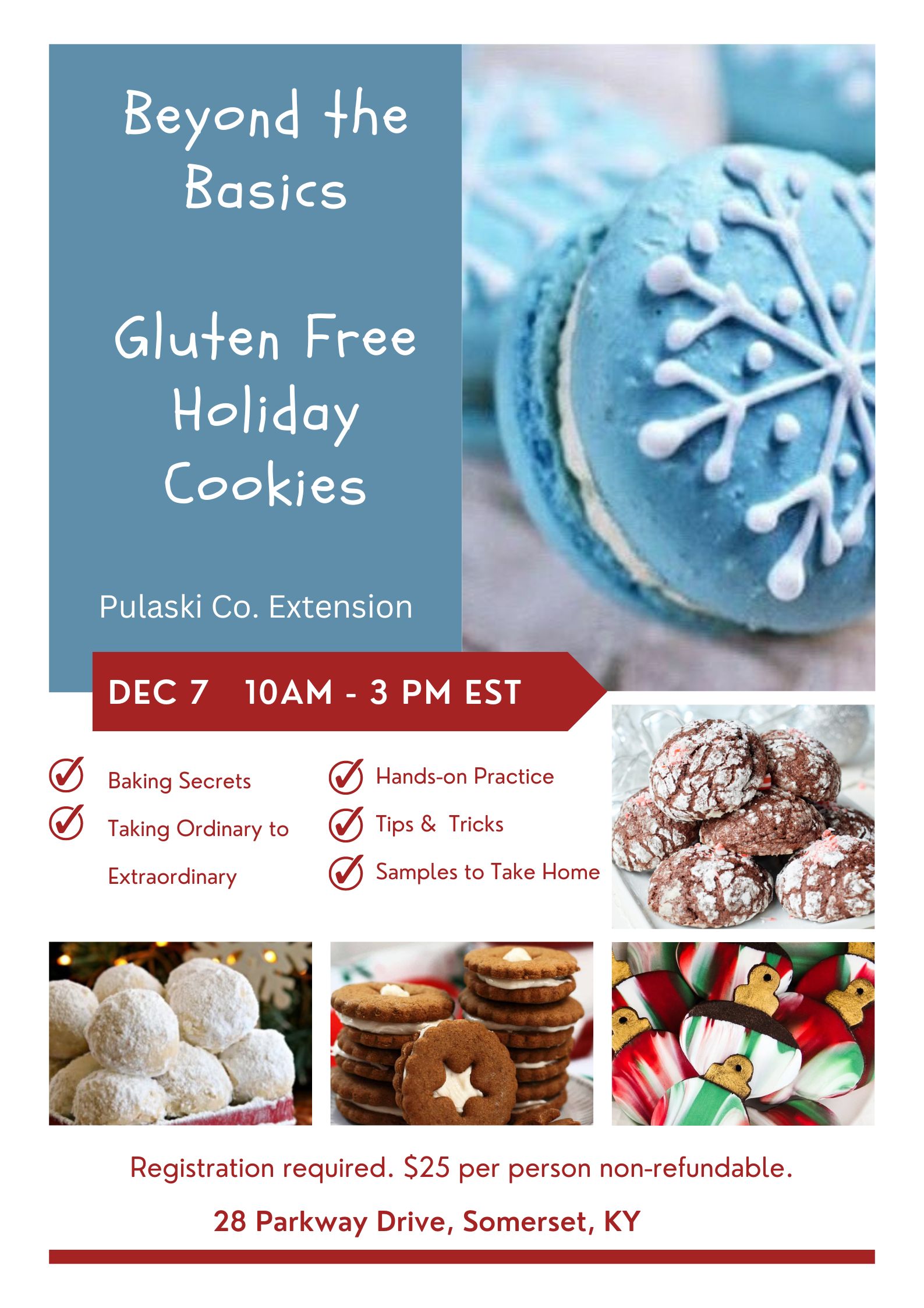 flyer for gluten free cookie baking class call 606-679-6361 for more information 