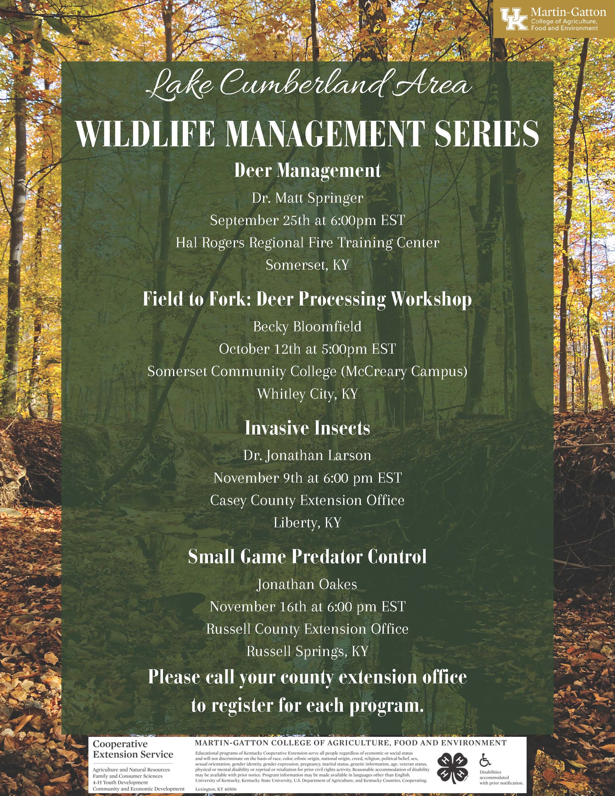 flyer for wildlife management series classes starting in September. Call 606-679-6361 for more information 