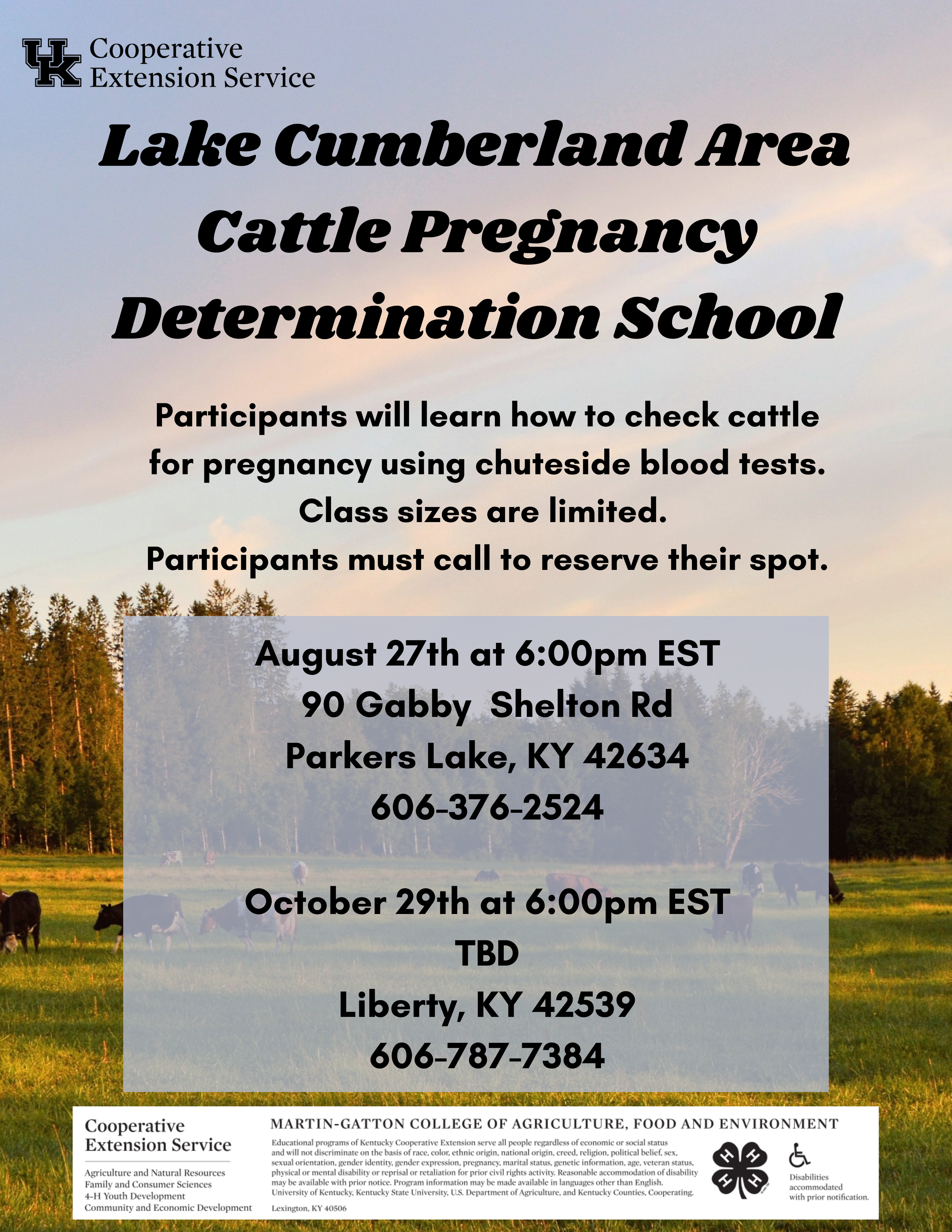 Lake Cumberland Area Cattle Pregnancy Determination School flyer for Aug. 27th and Oct 29th call 606-679-6361 for more information