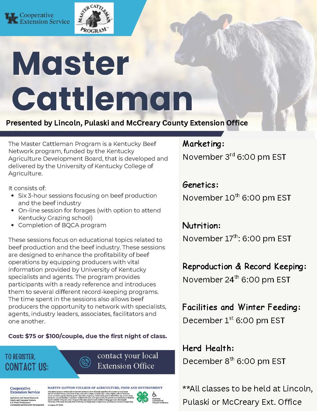 Flyer for master cattlemens classes please call 606-679-6361 for more information
