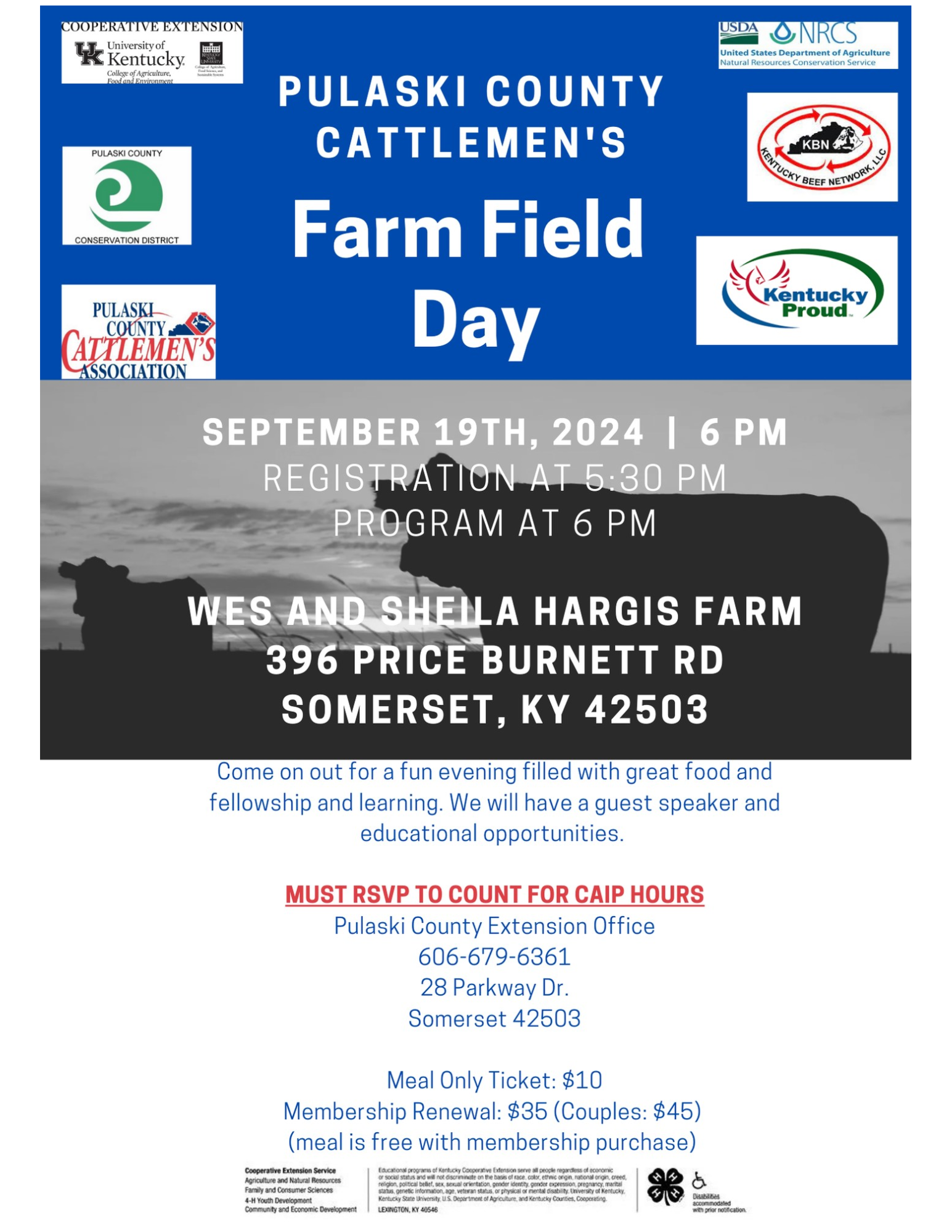 Pulaski County Cattlemen's Farm Field Day Sept 19th. Please call 606-679-6361 for more information