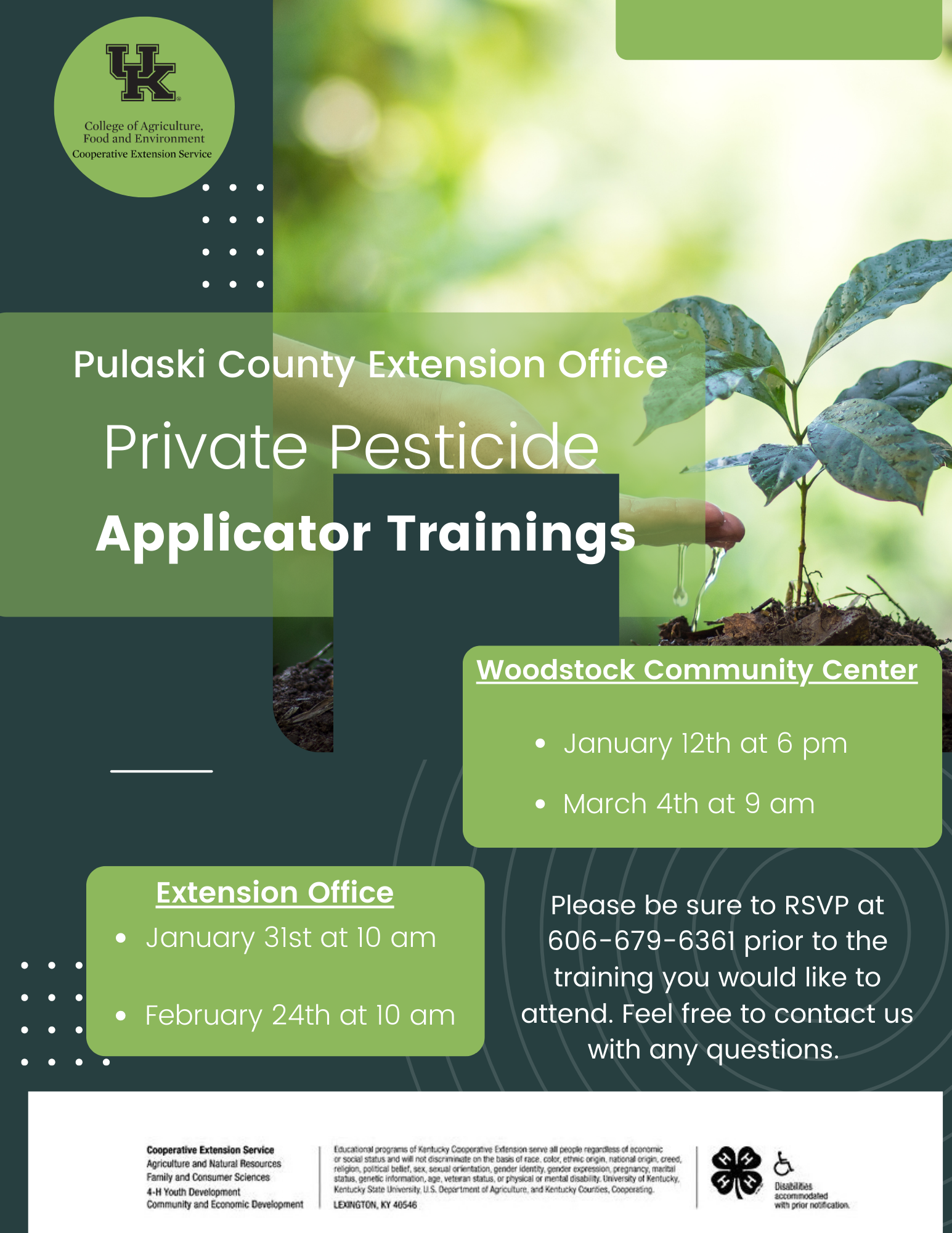 picture of dates and times for private pesticide trainings