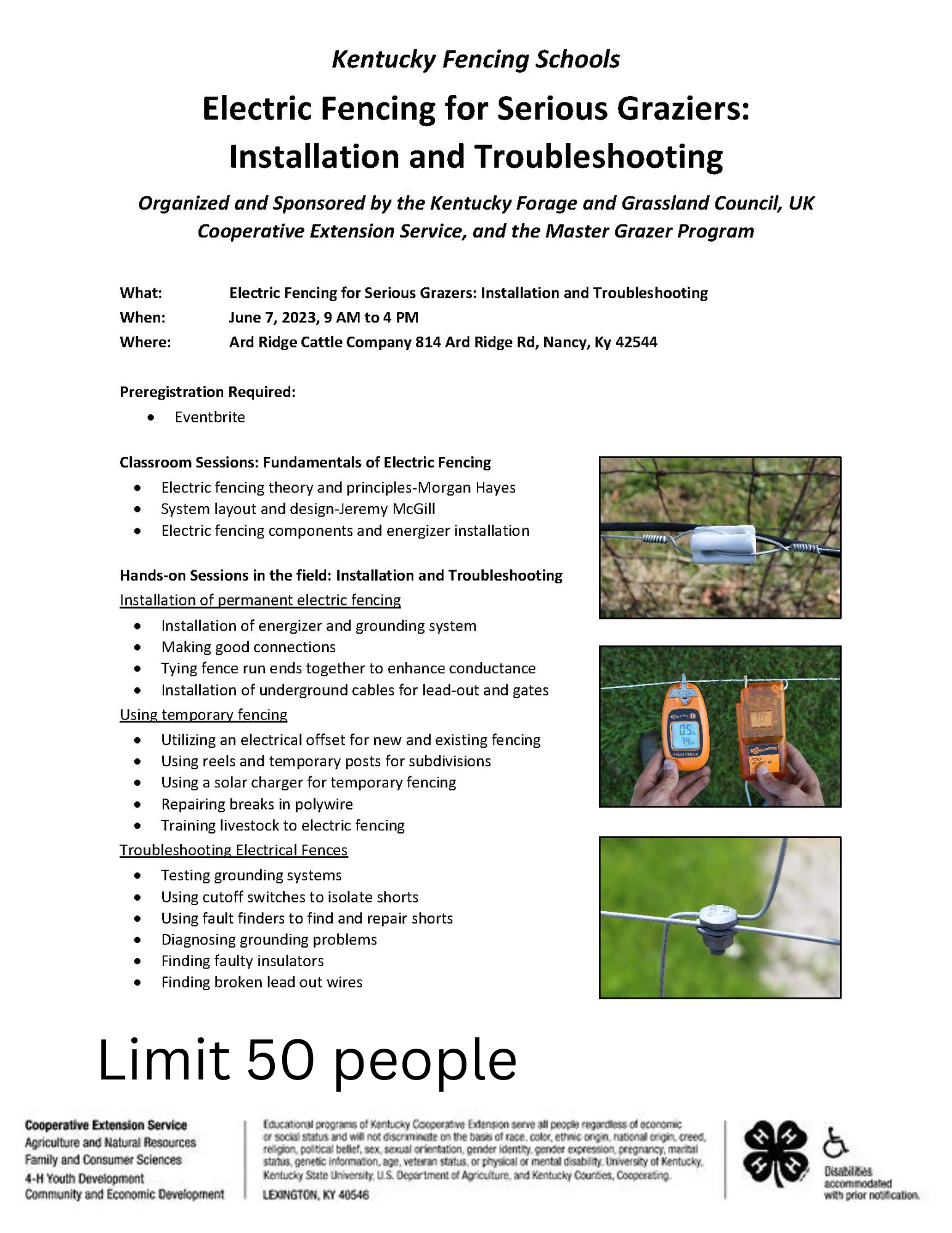 flyer for electric fencing for serious graziers installation and troubleshooting. June 7th at 9 am call 606-679-6361 for more information