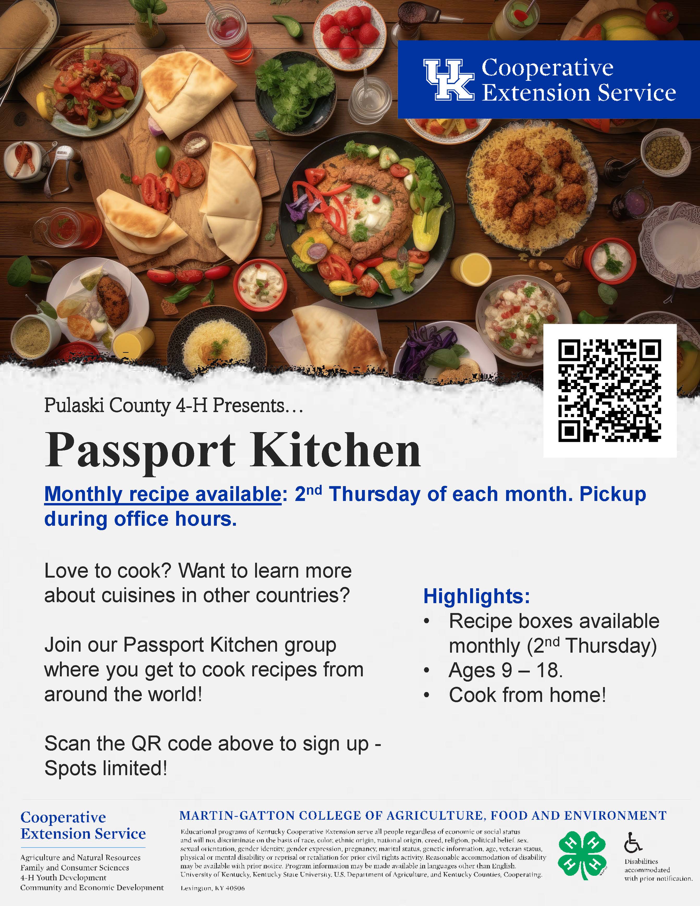 Flyer for Passport Kitchen with images of various foods and details about the program.