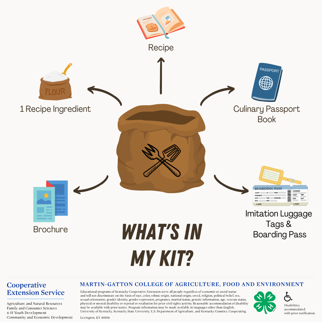 Image of a bag with arrows pointing out of it showing what is included in Passport Kitchen Kit.