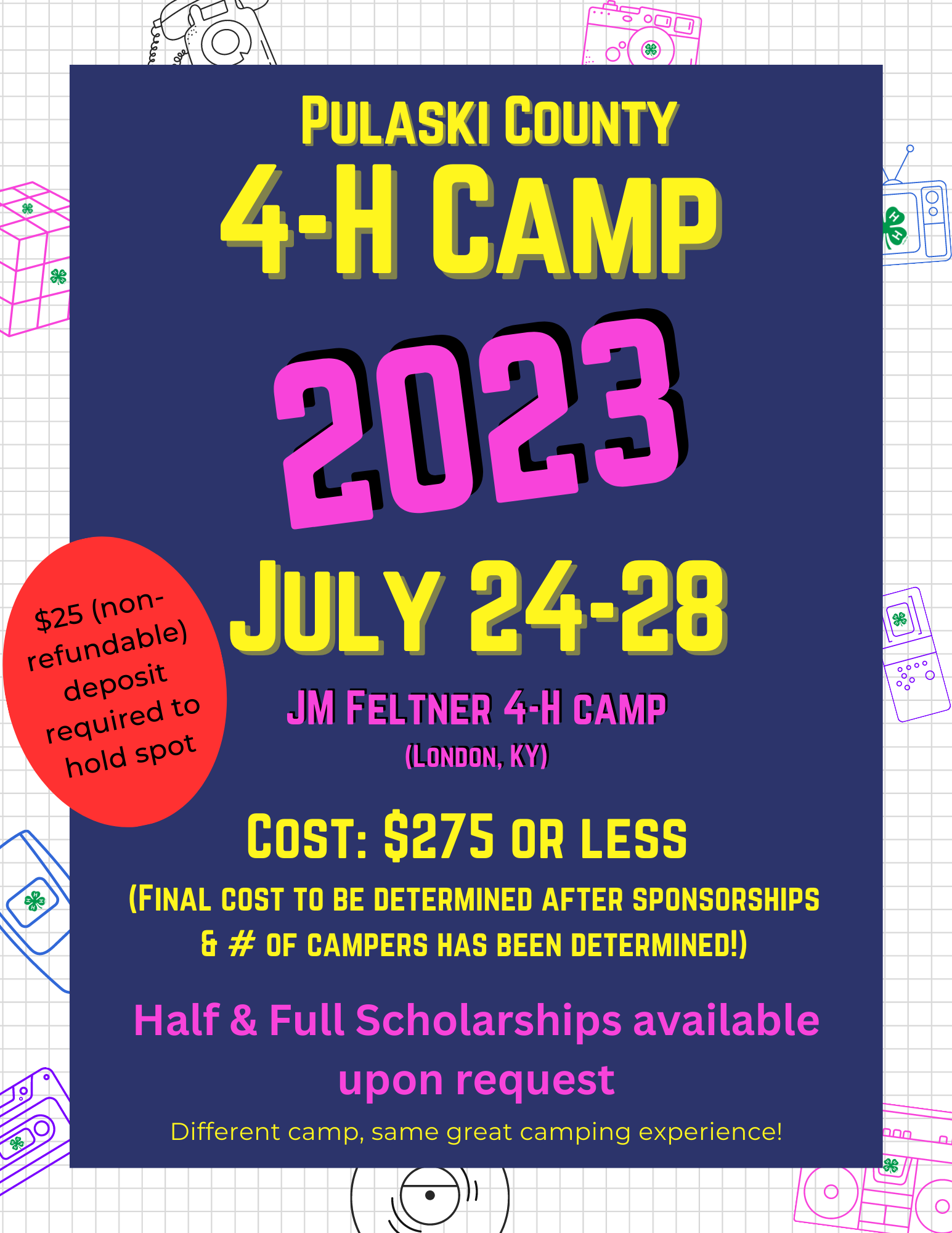 Theme: time warp, Pulaski County 4-H camp 2023: July 24-28 at JM Feltner 4-H