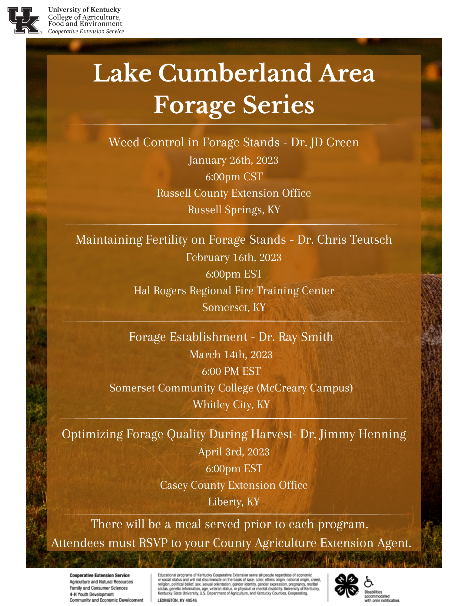 flyer for lake cumberland area forage series starts January 26th, meets monthly different locations through April 3rd