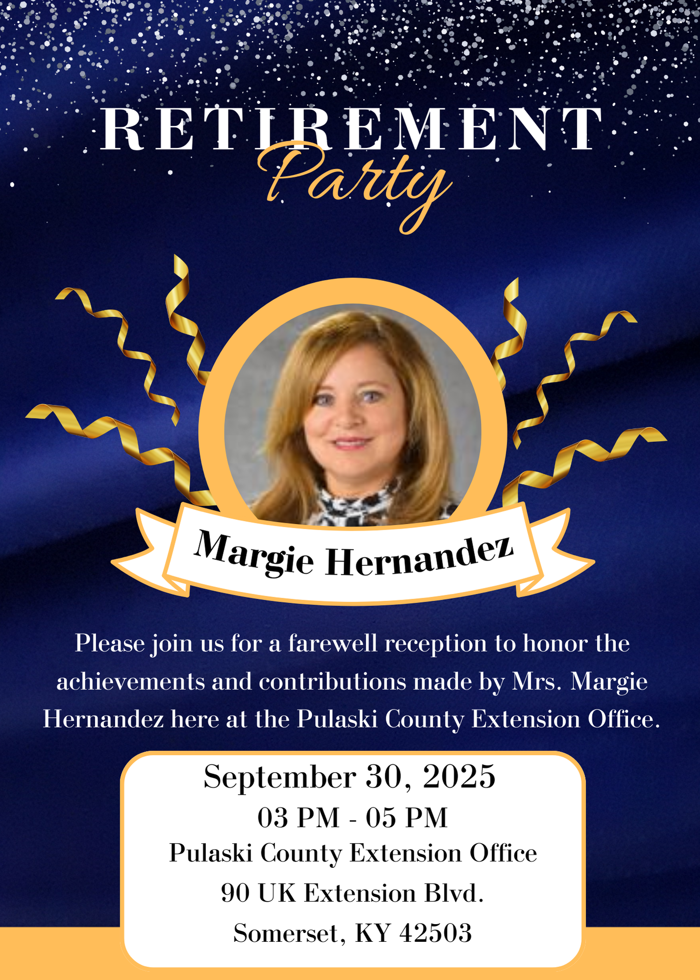Invitation for a retirement party for margie hernandez call 606-679-6361 for more information