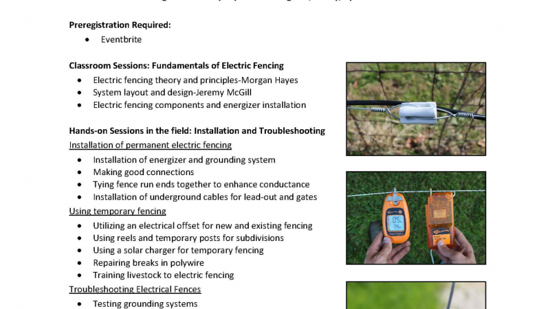 flyer for electric fencing for serious graziers installation and troubleshooting. June 7th at 9 am call 606-679-6361 for more information