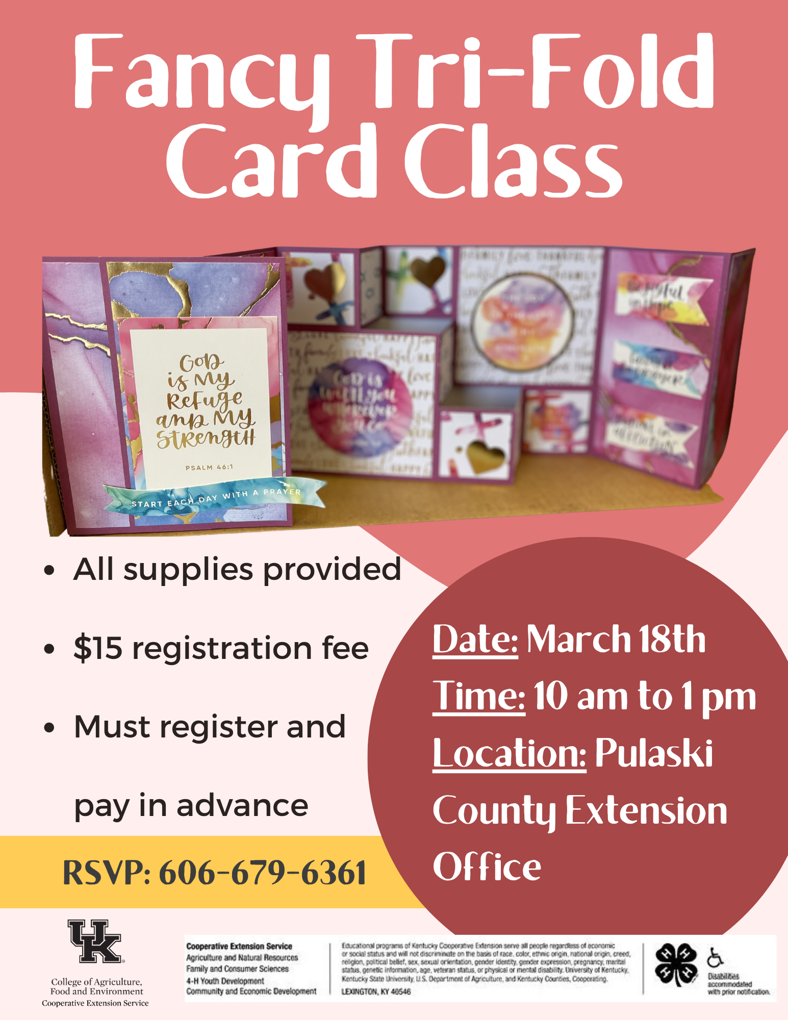 flyer for tri-fold card class gives picture of the card to be made