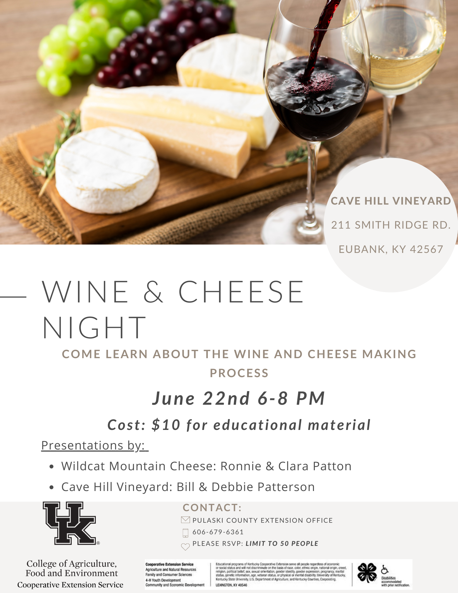 flyer about wine and cheese night June 22nd 6-8 pm call 606-679-6361 for more information 